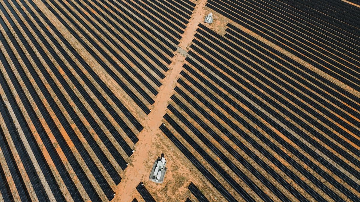 An aerial view of solar panels in a field.